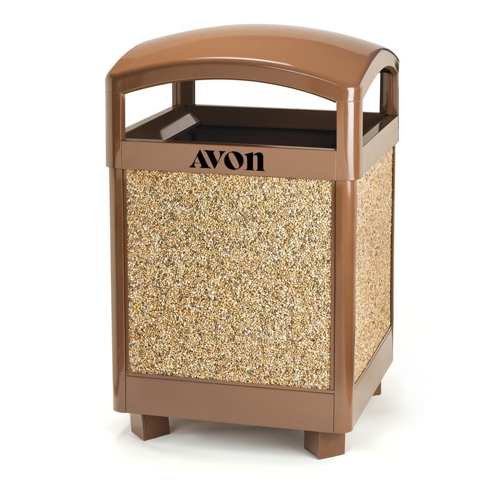 Registry Stone Aggregate Square Trash Receptacle with Hinged Dome Top, 43 Gal., Brown